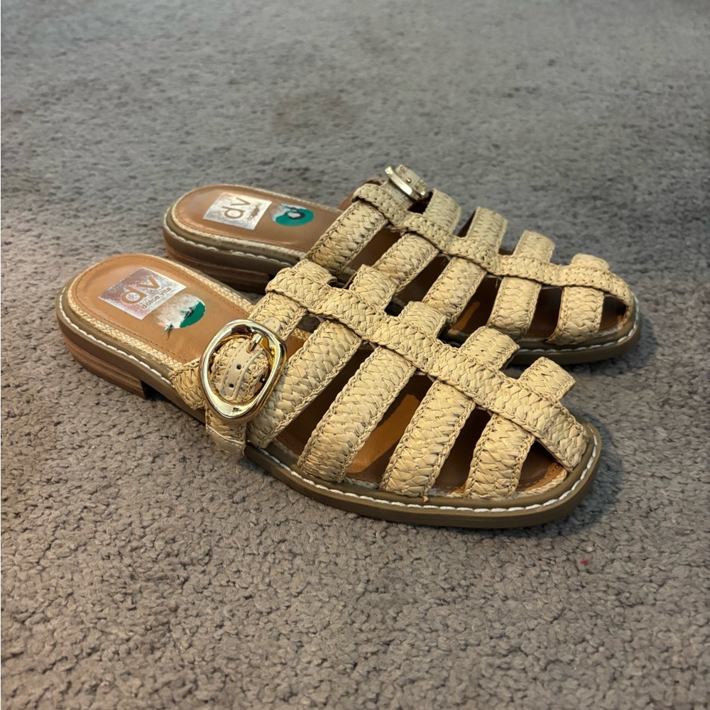 Dolce Vita Beige Woven Slide Mules with Gold Buckle